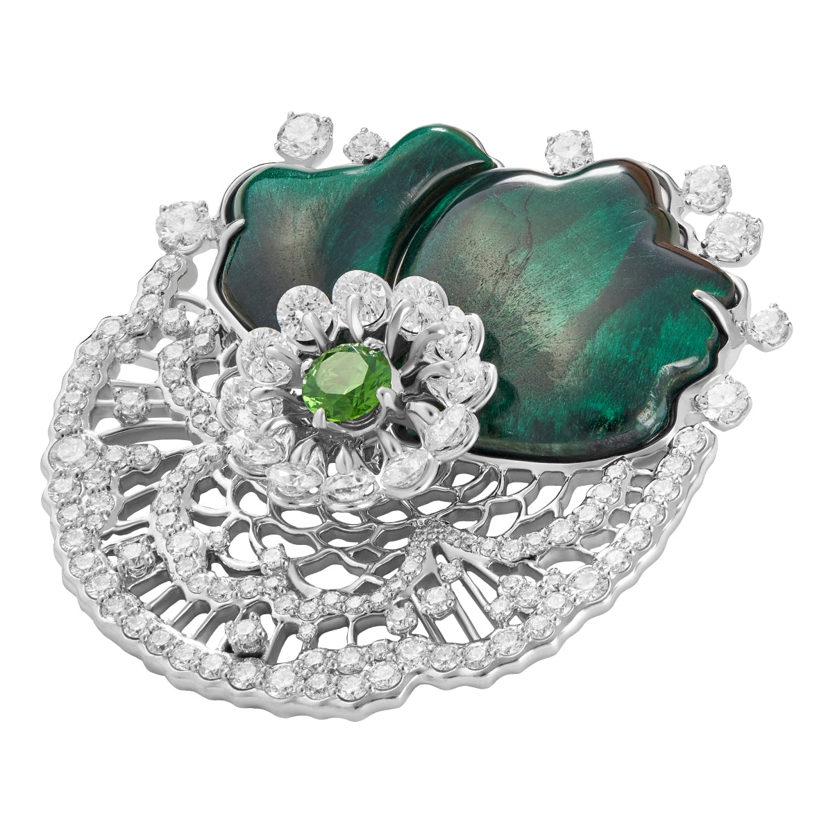Russian Lace: Brooch with Diamonds, demantoid garnet, malachite and ruby