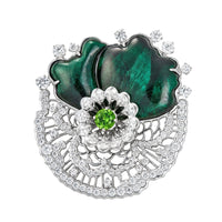 Russian Lace: Brooch with Diamonds, demantoid garnet, malachite and ruby